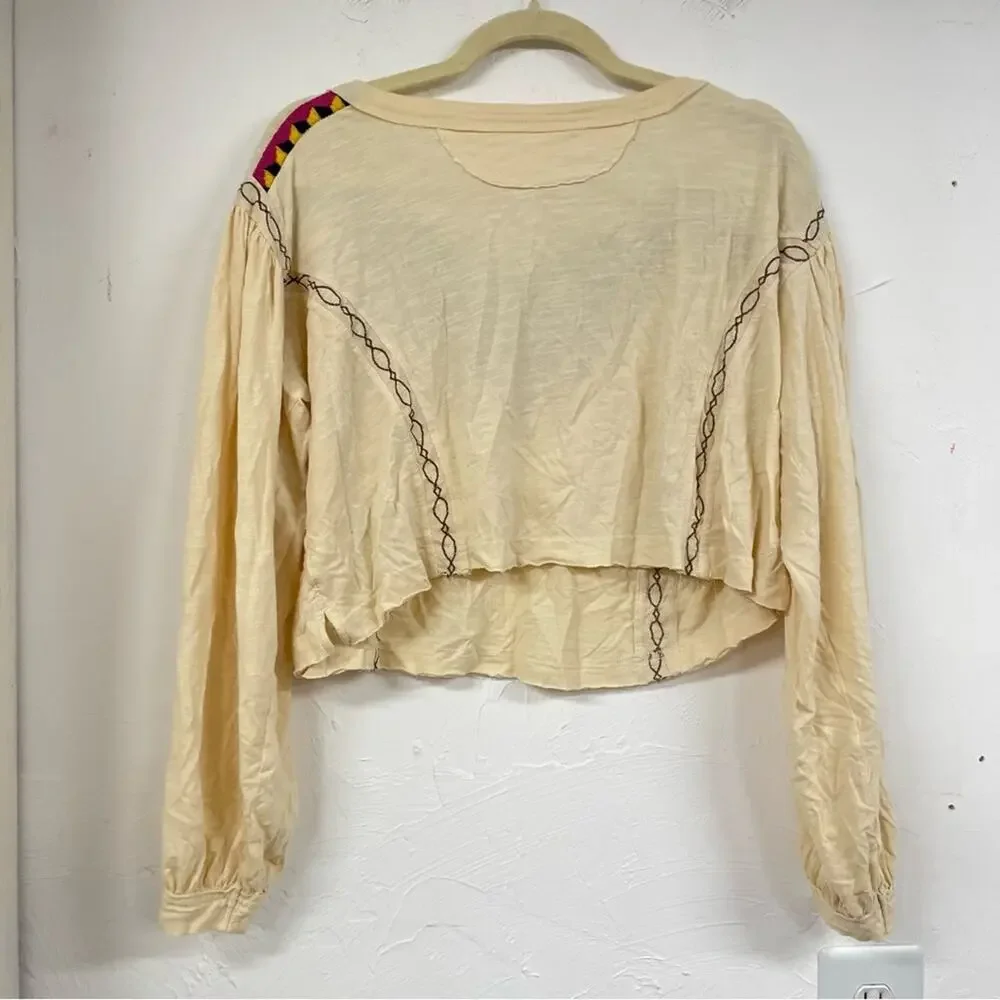 Free People Cream Embroidered Boho Cropped Balloon Sleeve Blouse Womens S Fall